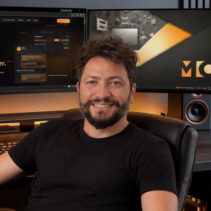 Mike Oliveira no estúdio, em frente aos monitores
